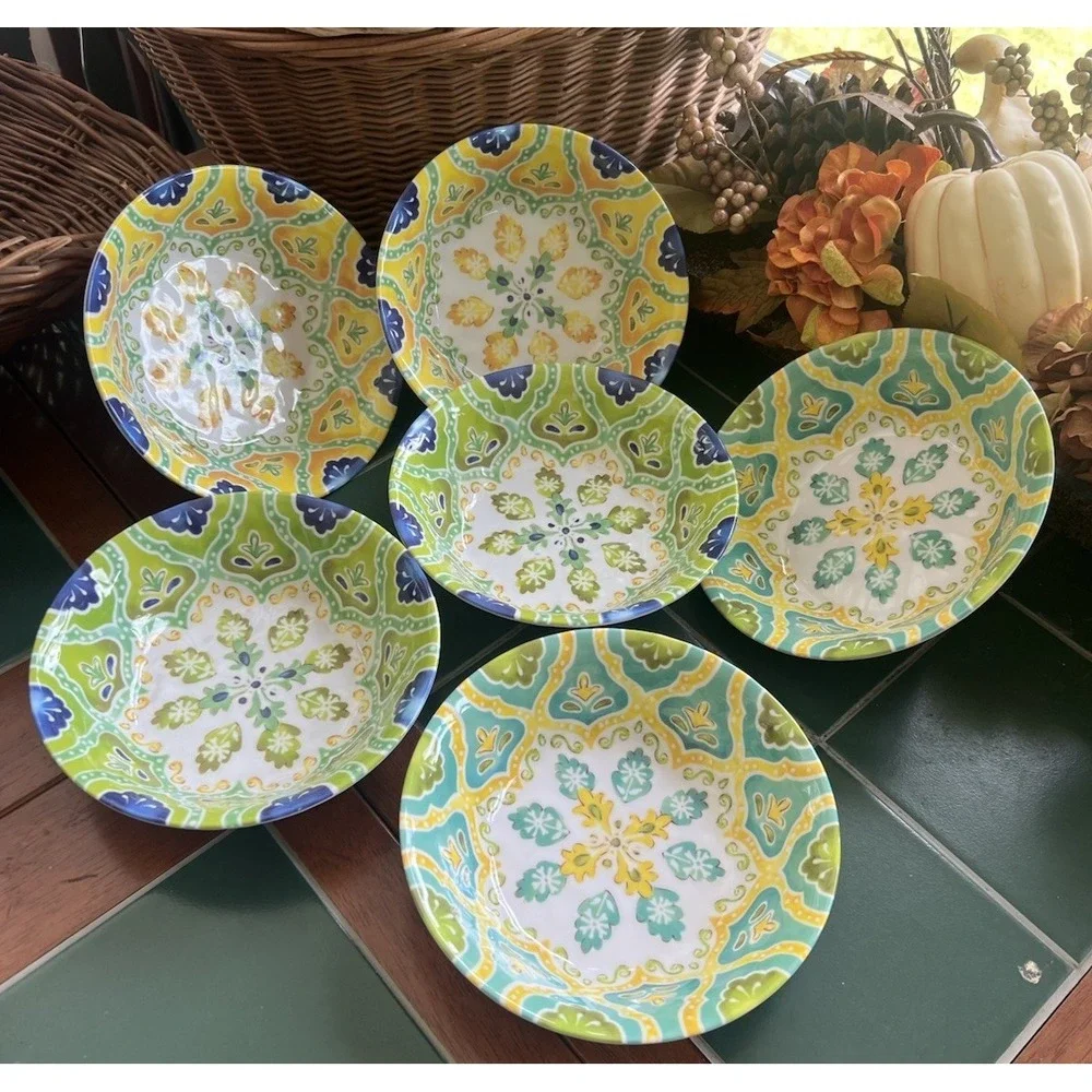 Set 14 Assorted LAURIE GATES MOROCCAN BOHO MELAMINE 8 Salad Plates & 6 Bowls